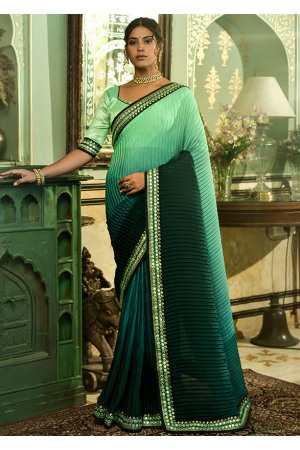 Pine Green and Mint Green Embellished Chinnon Saree