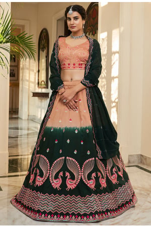 Pine Green and Salmon Orange Embroidered Art Silk Lehenga Choli