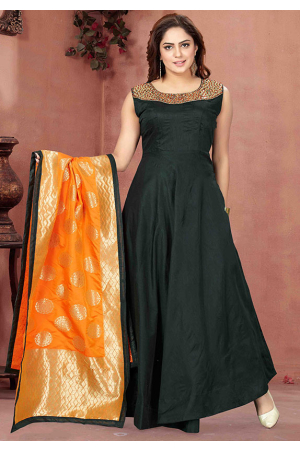 Pine Green Chanderi Silk Readymade Anarkali Suit
