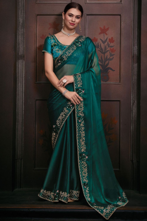 Pine Green Embellished Silk Designer Saree for Ceremonial