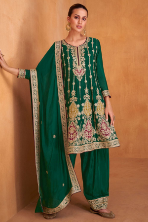 Pine Green Embroidered Chinnon Palazzo Kameez for Festival
