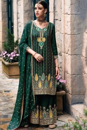 Pine Green Embroidered Chinnon Palazzo Kameez for Festival