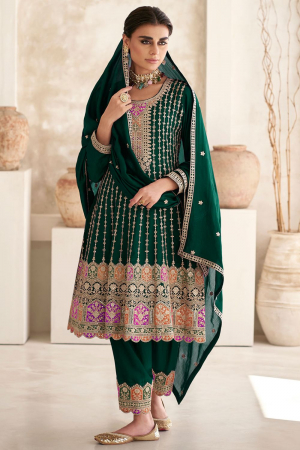 Pine Green Embroidered Chinnon Trouser Kameez