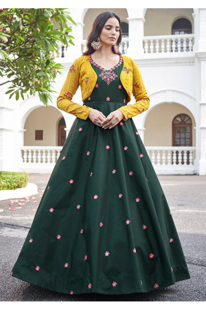Pine Green Embroidered Cotton Gown with Jacket