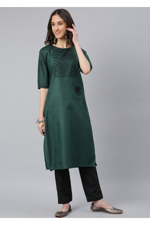 Pine Green Embroidered Cotton Silk Kurti with Pant