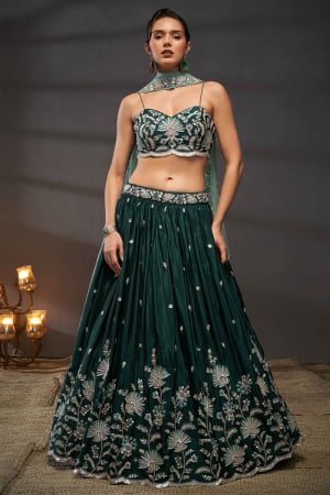Pine Green Embroidered Faux Chiffon Designer Lehenga Choli