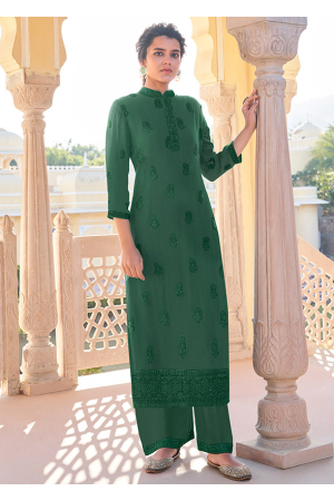 Pine Green Embroidered Faux Georgette Kurti with Palazzo