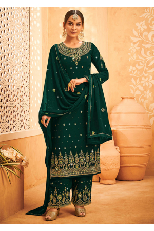 Pine Green Embroidered Faux Georgette Trouser Kameez