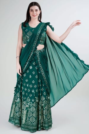 Pine Green Embroidered Georgette Lehenga Saree