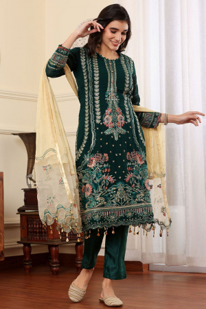 Pine Green Embroidered Georgette Pant Kameez