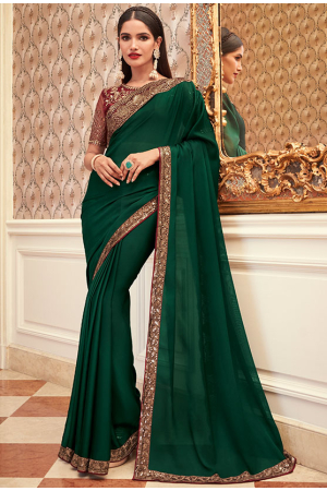Pine Green Embroidered Georgette Saree
