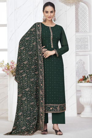 Pine Green Embroidered Georgette Trouser Kameez For Festival