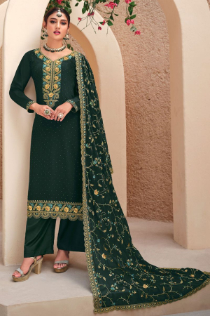 Pine Green Embroidered Georgette Trouser Kameez