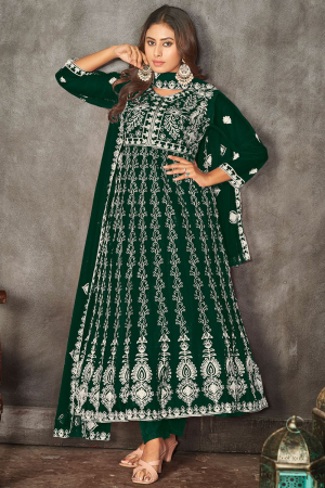Pine Green Embroidered Net Festival Wear Anarkali Dress