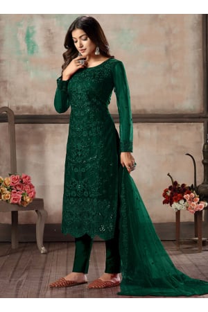 Pine Green Embroidered Net Pant Kameez