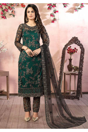 Pine Green Embroidered Net Pant Kameez