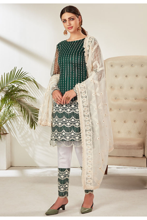 Pine Green Embroidered Net Pant Kameez
