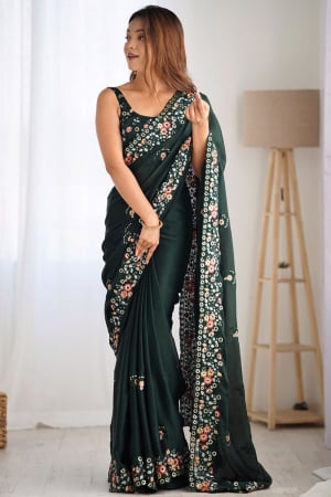 Pine Green Embroidered Satin Chiffon Saree
