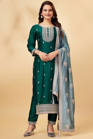 Pine Green Embroidered Silk Partywear Suit