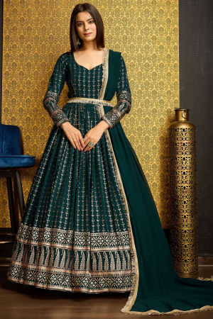 Pine Green Faux Georgette Flared Anarkali Gown with Dupatta