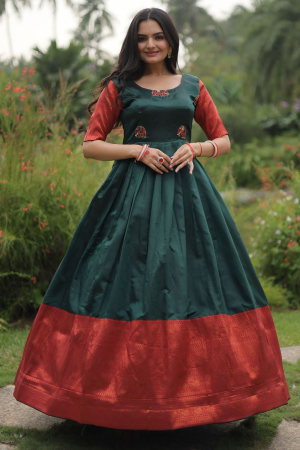 Pine Green Flared Banarasi Jacquard Silk Gown