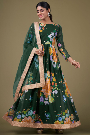 Pine Green Floral Print Faux Georgette Anarkali Suit