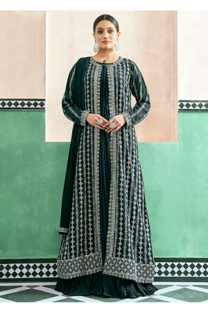 Pine Green Georgette Anarkali with Embroidered Jacket