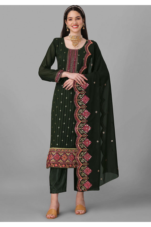 Pine Green Georgette Embroidered Trouser Kameez Suit