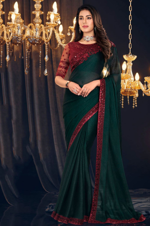 Pine Green Georgette Zari Shimmer Saree with Embroidered Blouse