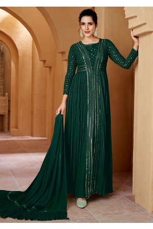 Pine Green Lucknowi Work Crushed Georgette Suit