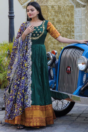 Pine Green Silk Anarkali Gown with Dupatta