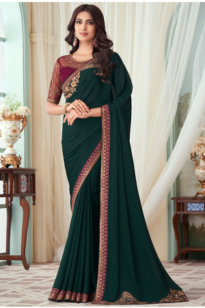 Pine Green Silk Saree with Embroidered Blouse