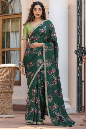 Pine Green Viscose Saree with Embroidered Blouse