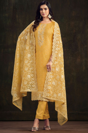 Pineapple Yellow Embroidered Organza Pant Kameez for Festival
