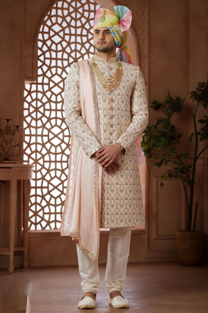 Pink  Heavy Wedding Wear Sherwani