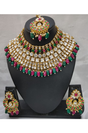Pink and Green Studded Choker Necklace Set