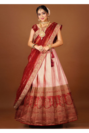 Pink and Maroon Banarasi Silk Zari Woven Lehenga Choli Set