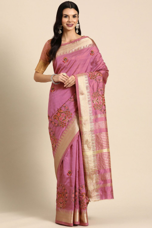 Pink Assam Cotton Silk Floral Thread  Embroidery Work Party Wear Saree