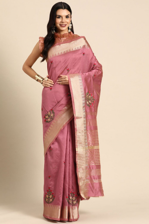 Pink Assam Cotton Silk Thread  Embroidery Work Party Wear Saree