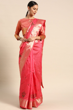 Pink Assam Cotton Silk Thread And Zari Embroidery Work Party Wear Saree
