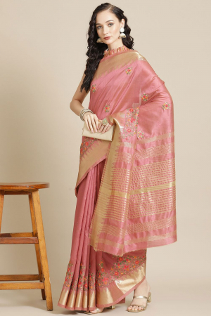 Pink Assam Cotton Silk Thread Embroidery Work Party Wear Saree