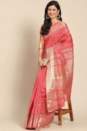 Pink Assam Cotton Silk with Golden Border And Multicolor Thread Embroidered Work Party Wear Saree