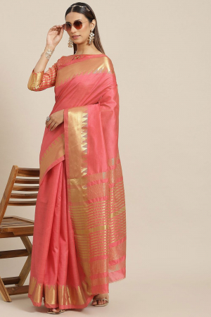 Pink Assam Silk with Golden Broad Border Party Wear Saree