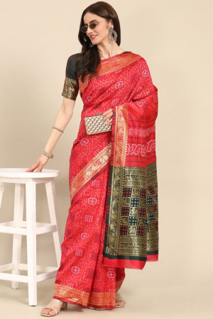 Pink Banarasi Cotton Weaving Silk Bandhani Printed Festival Wear Saree
