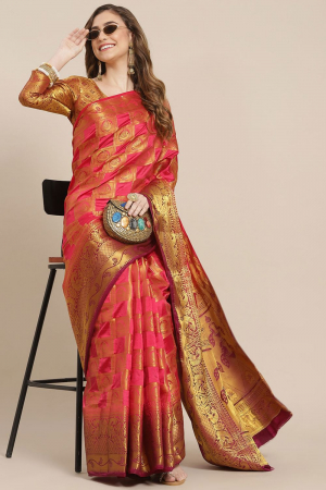 Pink Banarasi jacquard Gold Zari Weiving Party Wear Saree