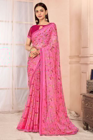Pink Chiffon Printed Saree