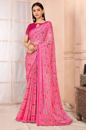 Pink Chiffon Printed Saree