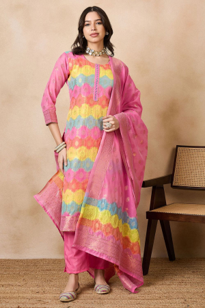 Pink Cotton Chanderi Jacquard  Kurta Set with Jacquard Print Dupatta