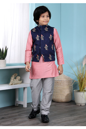 Pink Cotton Silk Kurta Pyjama Set with Jacket