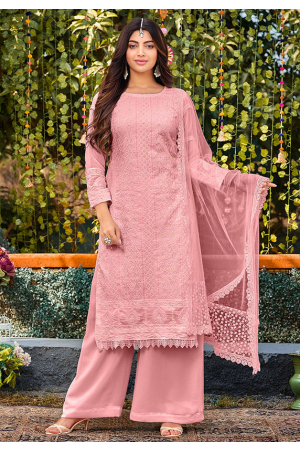 Pink Embroidered Faux Georgette Palazzo Kameez